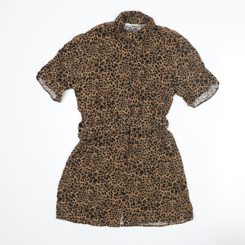 Topshop Womens Brown Animal Print Viscose Shirt Dress Size 4 Collared Button - Belted Leopard Print