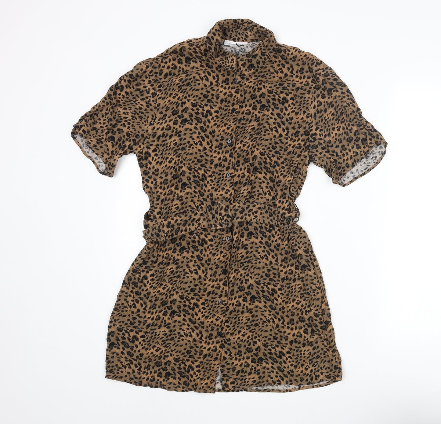 Topshop Womens Brown Animal Print Viscose Shirt Dress Size 4 Collared Button - Belted Leopard Print