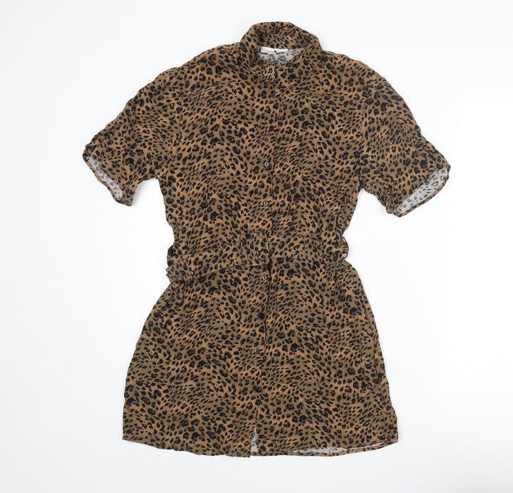 Topshop Womens Brown Animal Print Viscose Shirt Dress Size 4 Collared Button - Belted Leopard Print