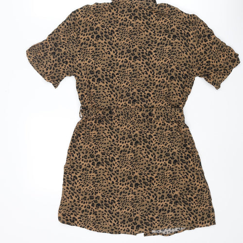 Topshop Womens Brown Animal Print Viscose Shirt Dress Size 4 Collared Button - Belted Leopard Print