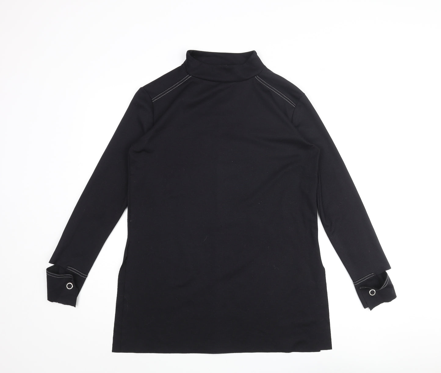 Zara Womens Black Polyester Basic Blouse Size M Mock Neck - Cuff Detail Side Slits