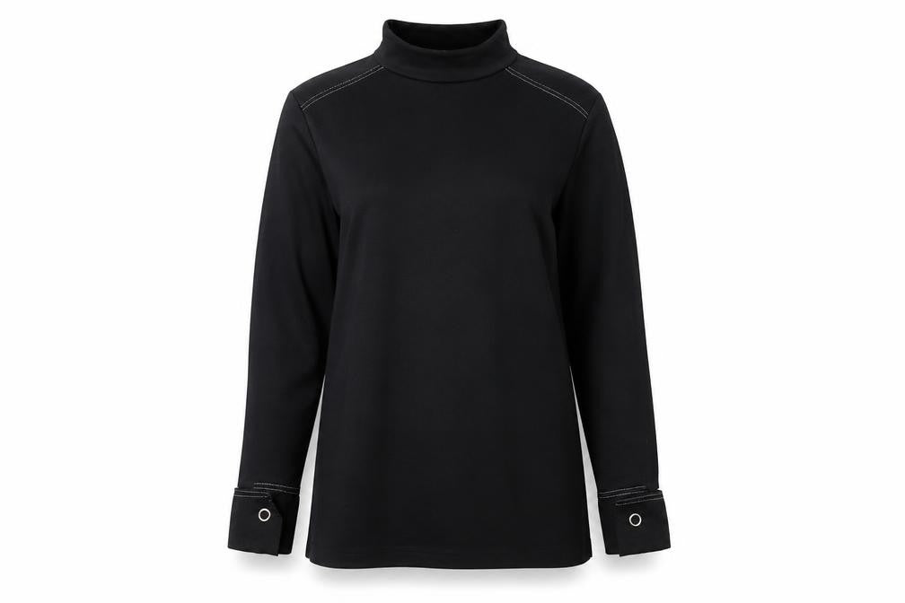 Front view of Zara women’s black polyester basic blouse, size M, mock neck - cuff detail side slits