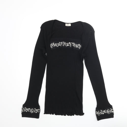 Bella Di Notte Womens Black Square Neck Wool Pullover Jumper Size 16 - Beaded Detail