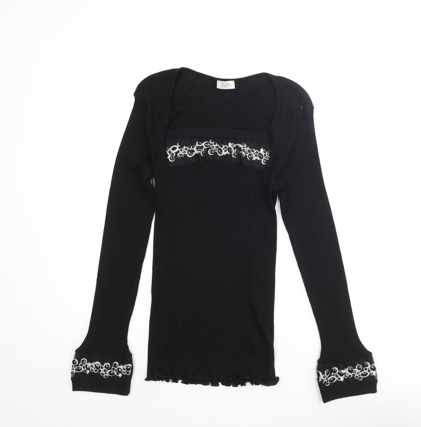 Bella Di Notte Womens Black Square Neck Wool Pullover Jumper Size 16 - Beaded Detail