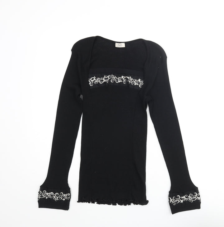 Bella Di Notte Womens Black Square Neck Wool Pullover Jumper Size 16 - Beaded Detail