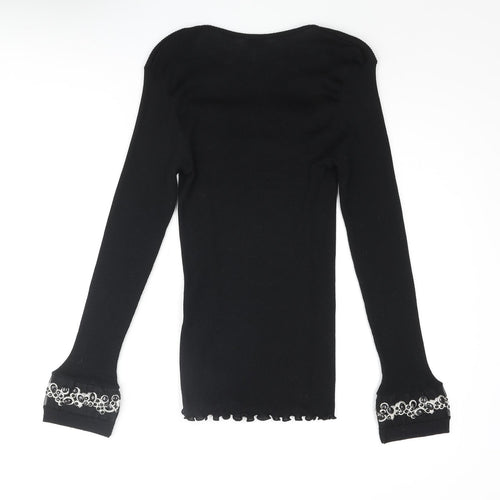 Bella Di Notte Womens Black Square Neck Wool Pullover Jumper Size 16 - Beaded Detail