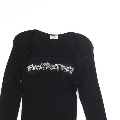 Bella Di Notte Womens Black Square Neck Wool Pullover Jumper Size 16 - Beaded Detail