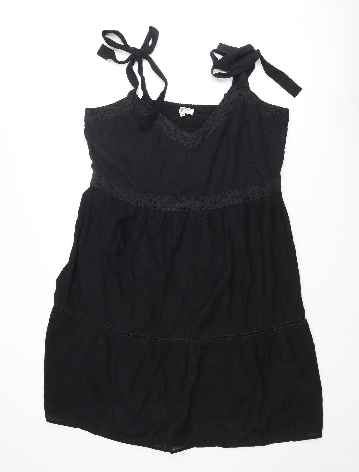 Brave Soul Womens Black Cotton Shift Size 24 Sweetheart Tie - Smocked Lace Trim