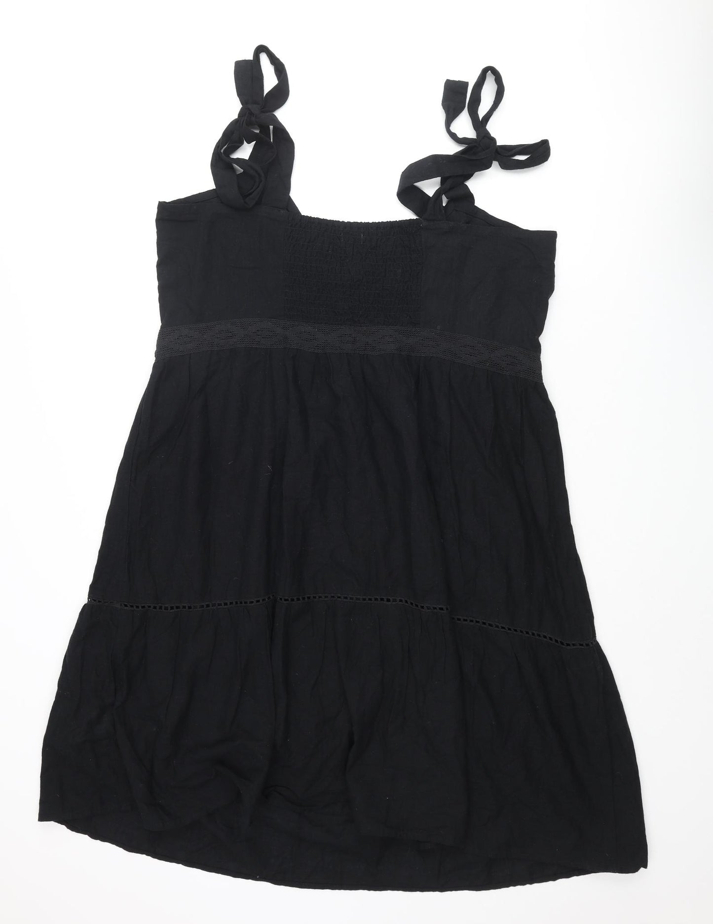 Brave Soul Womens Black Cotton Shift Size 24 Sweetheart Tie - Smocked Lace Trim