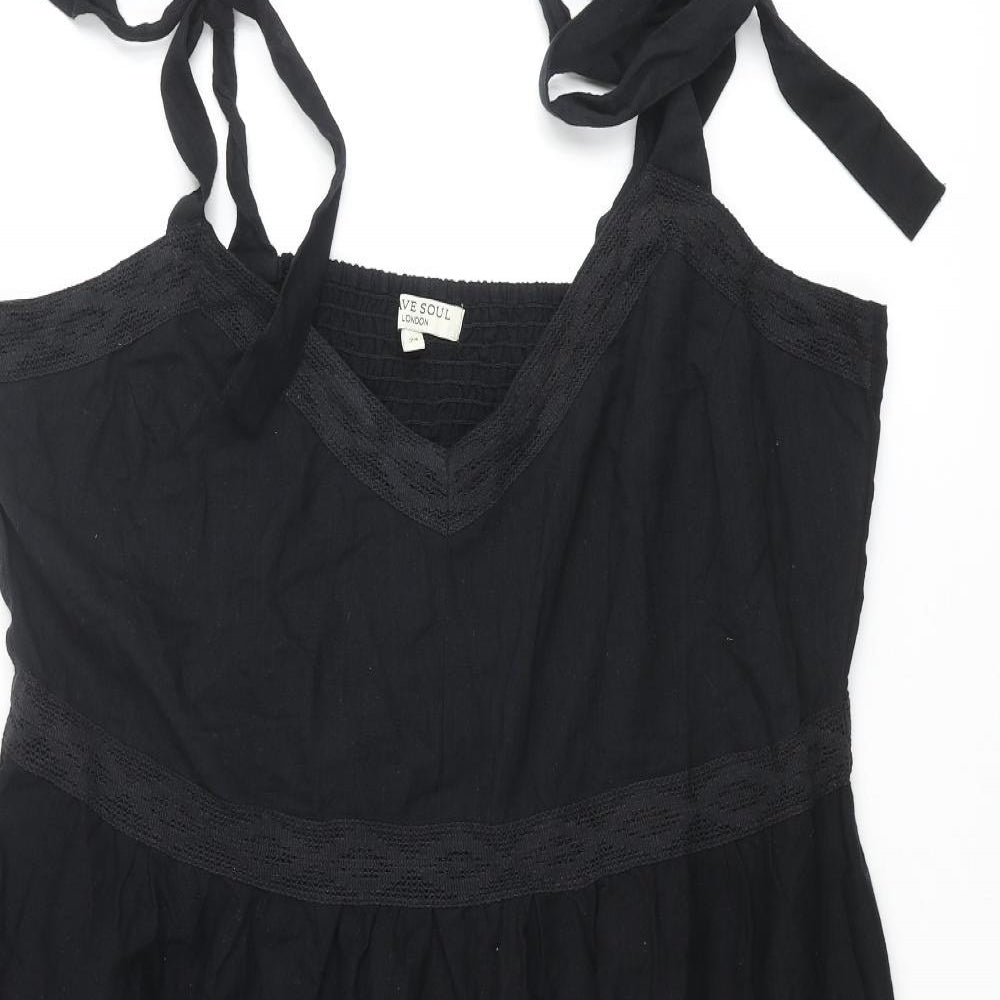 Brave Soul Womens Black Cotton Shift Size 24 Sweetheart Tie - Smocked Lace Trim