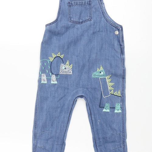 Marks and Spencer Boys Blue Cotton Dungaree One-Piece Size 18-24 Months Snap - Embroidered Dinosaur