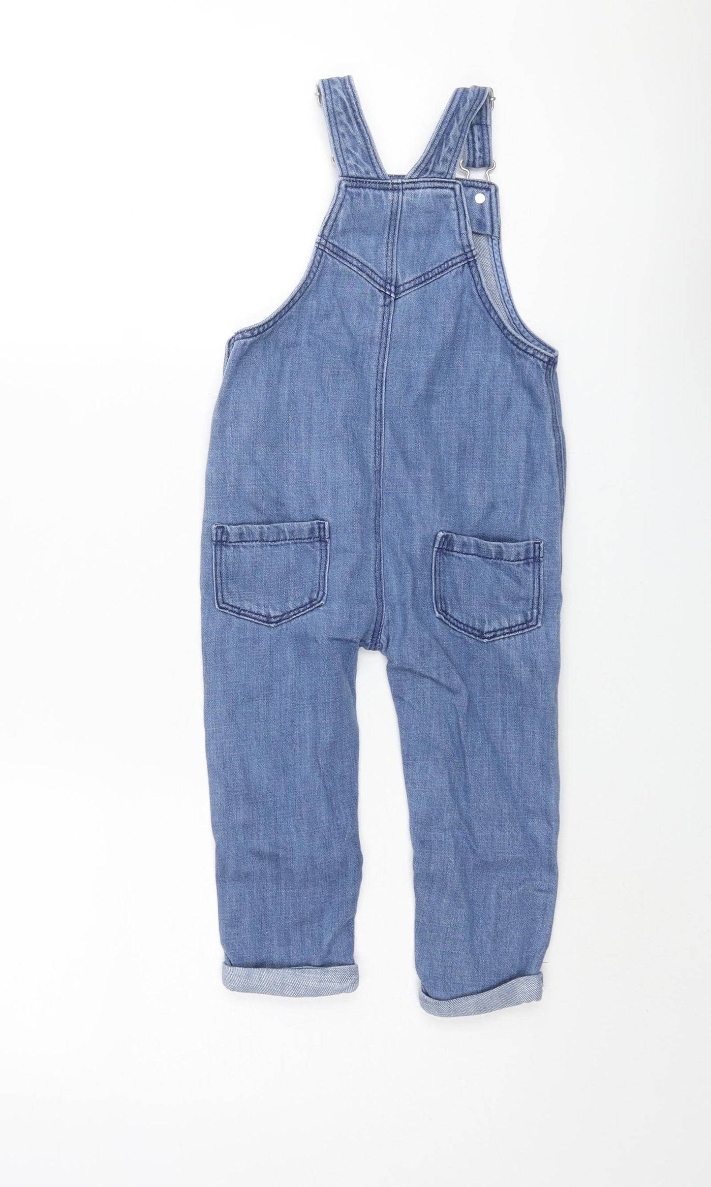 Marks and Spencer Boys Blue Cotton Dungaree One-Piece Size 18-24 Months Snap - Embroidered Dinosaur