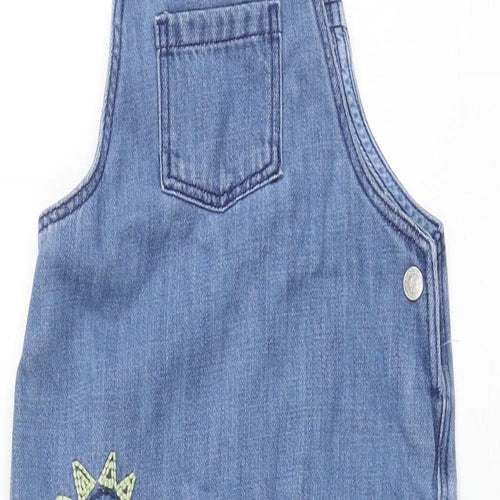 Marks and Spencer Boys Blue Cotton Dungaree One-Piece Size 18-24 Months Snap - Embroidered Dinosaur