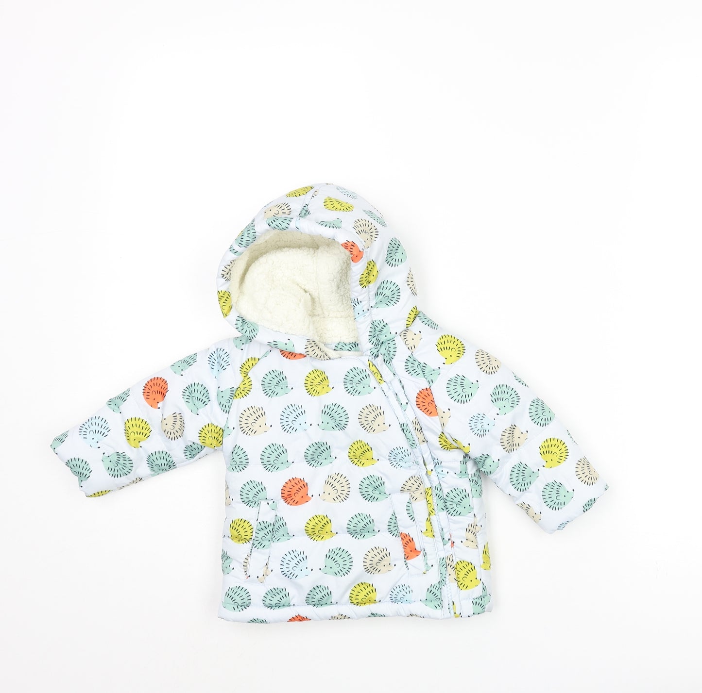 Marks and Spencer Baby Multicoloured Geometric Puffer Jacket Coat Size 3-6 Months Zip - Hedgehog Print