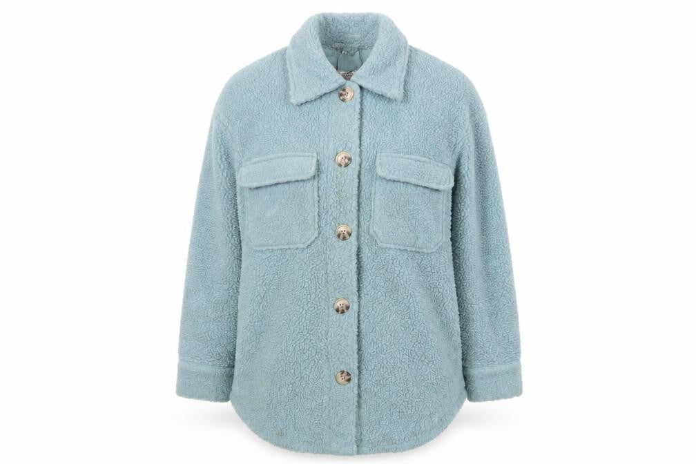 Front view of U.S. Polo Assn. women’s blue jacket coat, size XS, button - shirt jacket