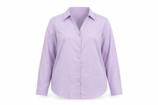Front view of EWM women’s purple polyester basic button-up, size UK 16, collared