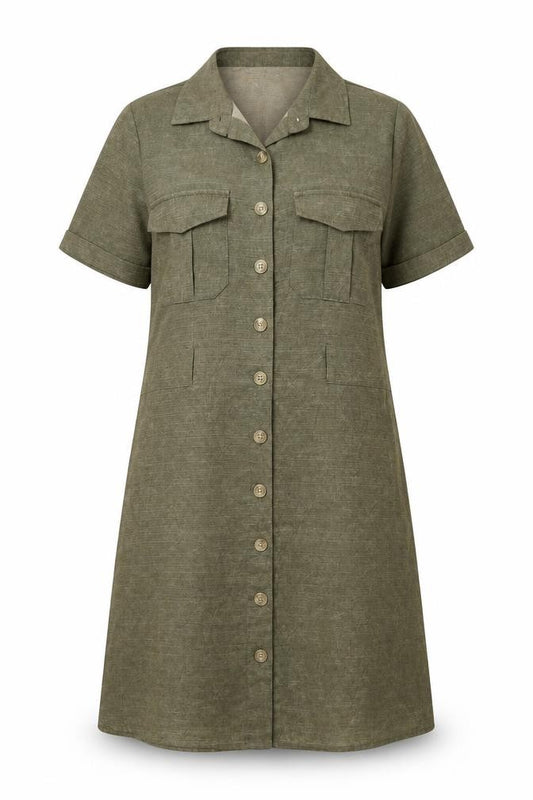 Front view of Blue Vanilla women’s green polyester a-line, size UK 12, collared button
