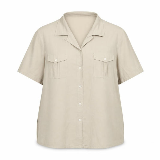 Front view of Berkertex women’s beige polyester basic button-up, size UK 18, collared