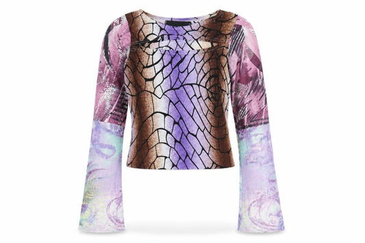 Front view of Glass Onion women’s multicoloured geometric polyester cropped t-shirt, size UK 8, round neck - flare sleeves