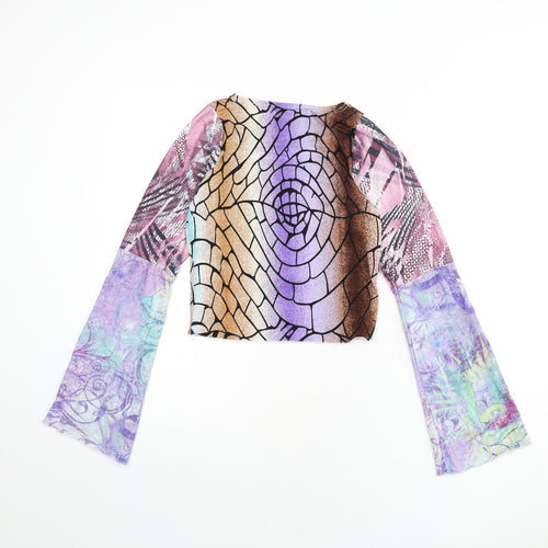 Glass Onion Womens Multicoloured Geometric Polyester Cropped T-Shirt Size 8 Round Neck - Flare Sleeves