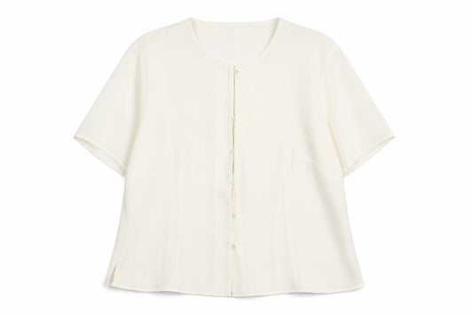 Front view of St Michael women’s ivory polyester basic button-up, size UK 20, round neck - lace trim