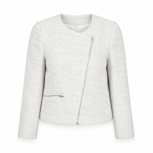 Front view of H&M women’s beige jacket, size UK 8, zip