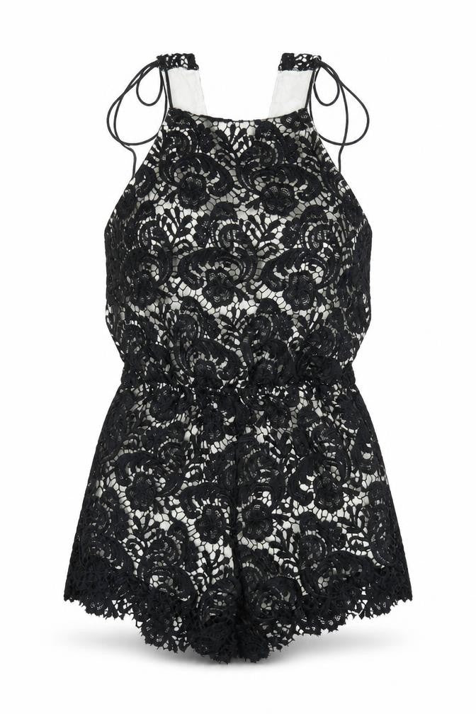 Yoins Womens Black Paisley Polyester Romper One-Piece Size 12 L3 in Tie - Lace Overlay