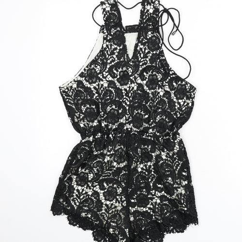 Yoins Womens Black Paisley Polyester Romper One-Piece Size 12 L3 in Tie - Lace Overlay
