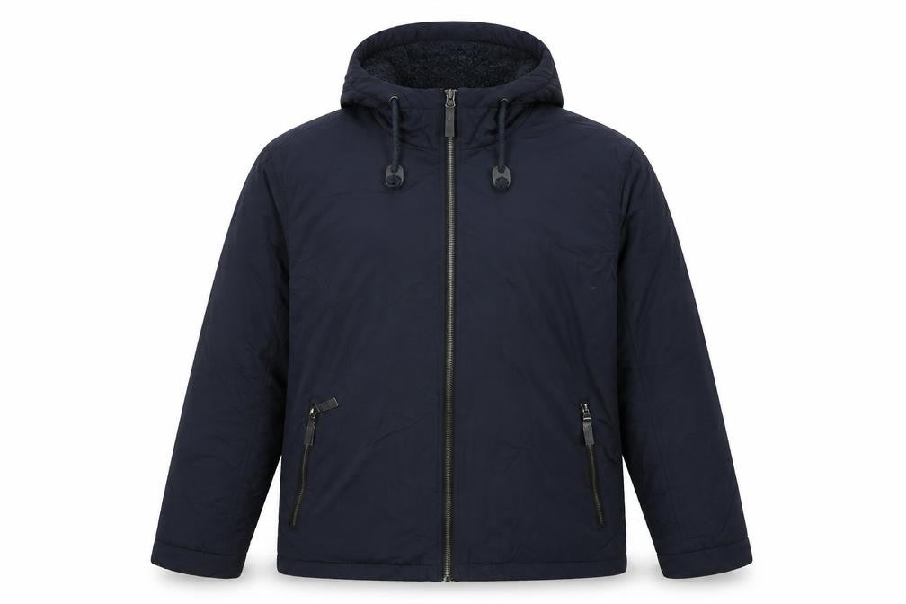 Front view of Fabric8 men’s blue jacket coat, size M, zip