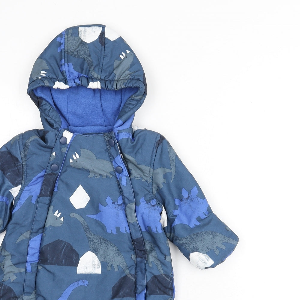 Marks and Spencer Boys Blue Geometric Basic Coat Snowsuit Size 9-12 Months Snap - Dinosaurs