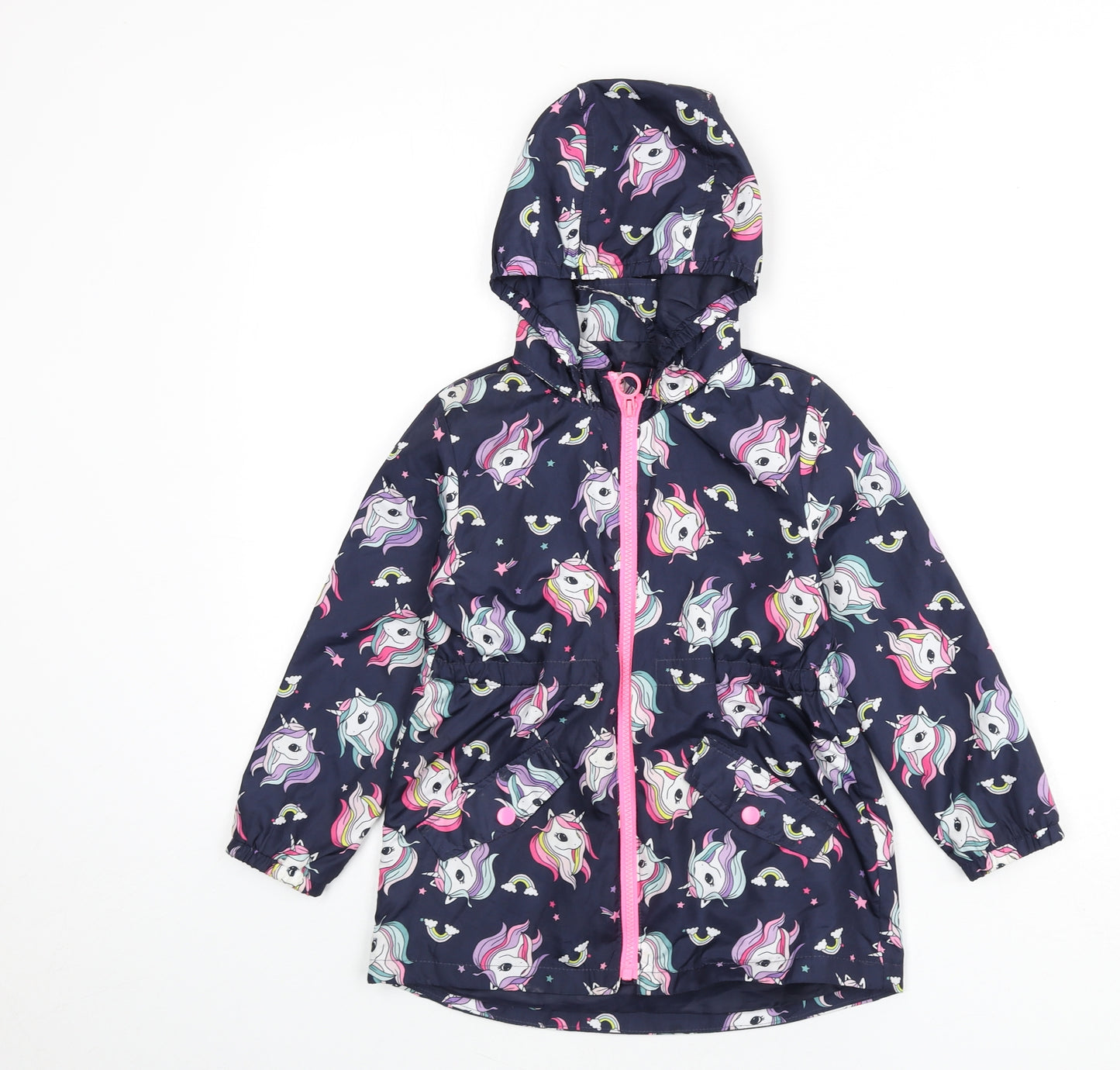 H&M Girls Blue Geometric Rain Coat Coat Size 4-5 Years Zip - Unicorns