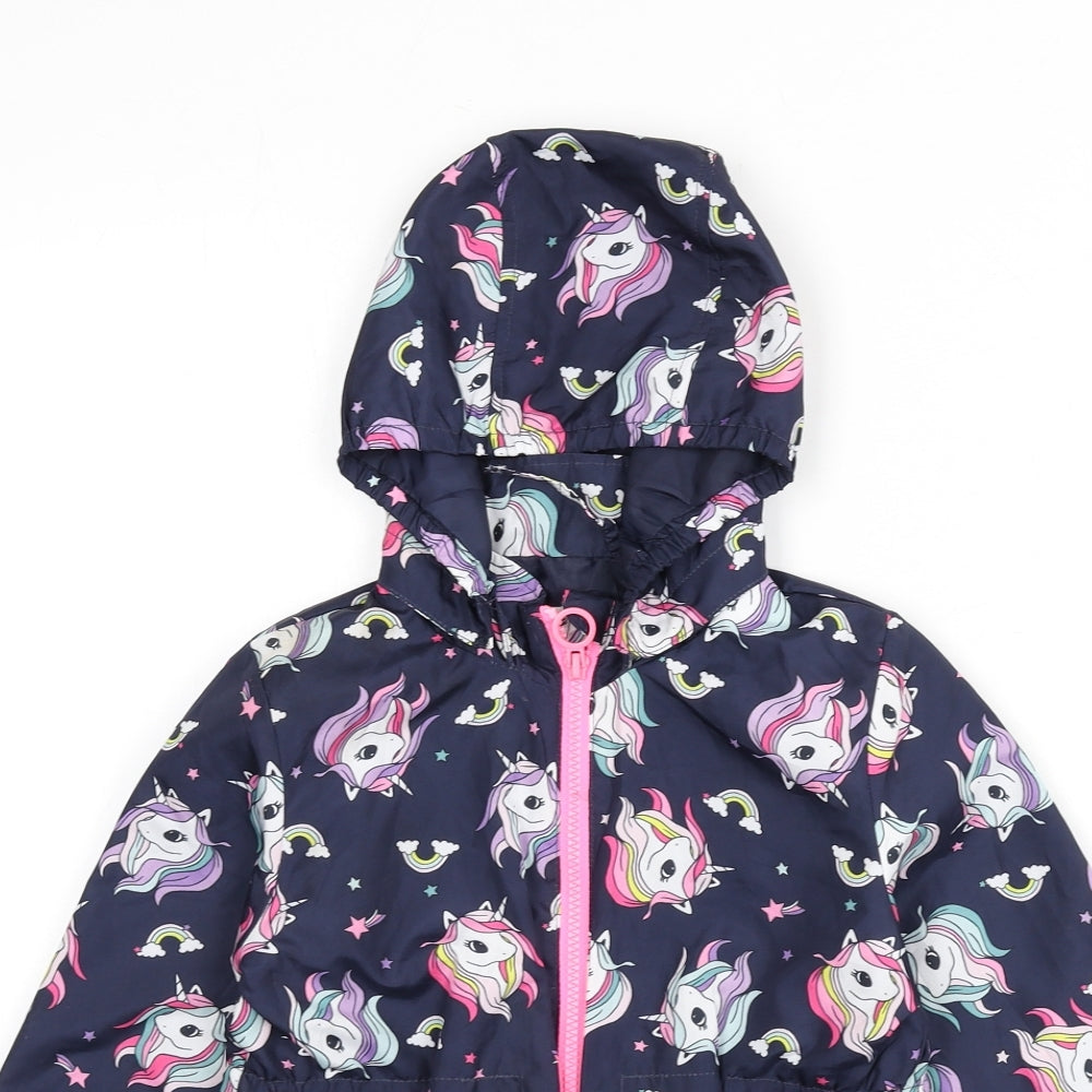 H&M Girls Blue Geometric Rain Coat Coat Size 4-5 Years Zip - Unicorns