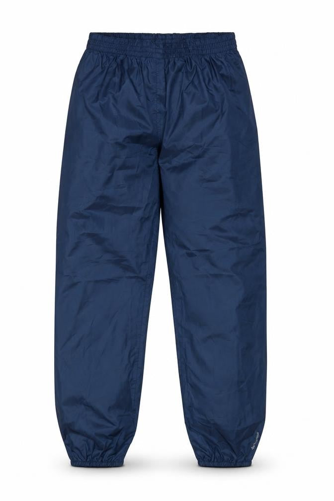 Front view of Decathlon boys’ blue polyester windbreaker trousers, size 12, years, 26-inch leg regular pullover