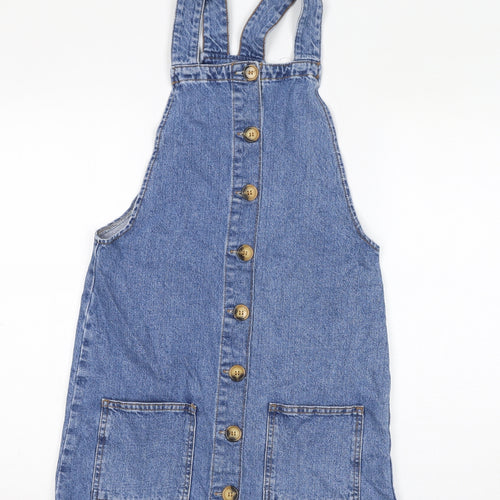 Denim & Co. Womens Blue Cotton Pinafore/Dungaree Dress Size 8 Square Neck Button - Pinafore