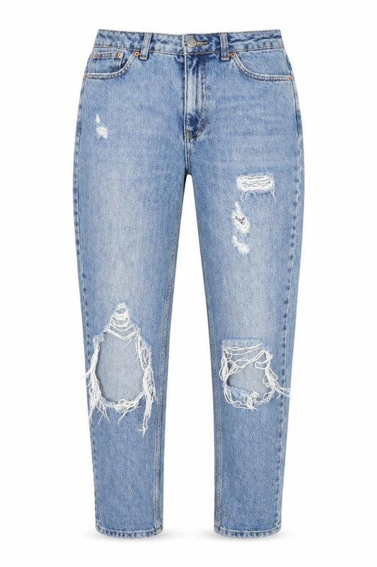 Front view of Topshop women’s blue cotton mom jeans, size UK 28, in, 34-inch leg regular zip