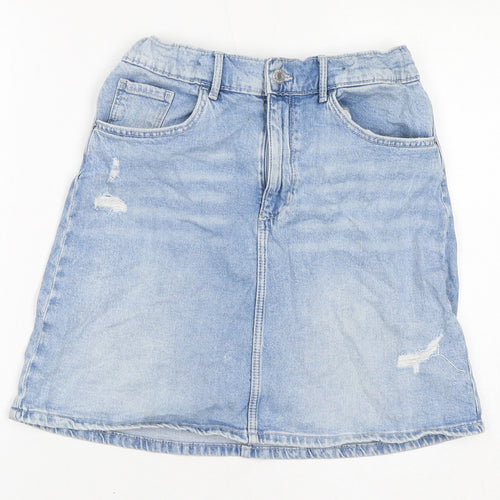 H&M Girls Blue Cotton A-Line Skirt Size 14 Years Regular Zip - Distressed