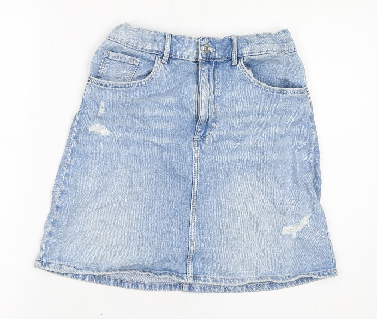H&M Girls Blue Cotton A-Line Skirt Size 14 Years Regular Zip - Distressed