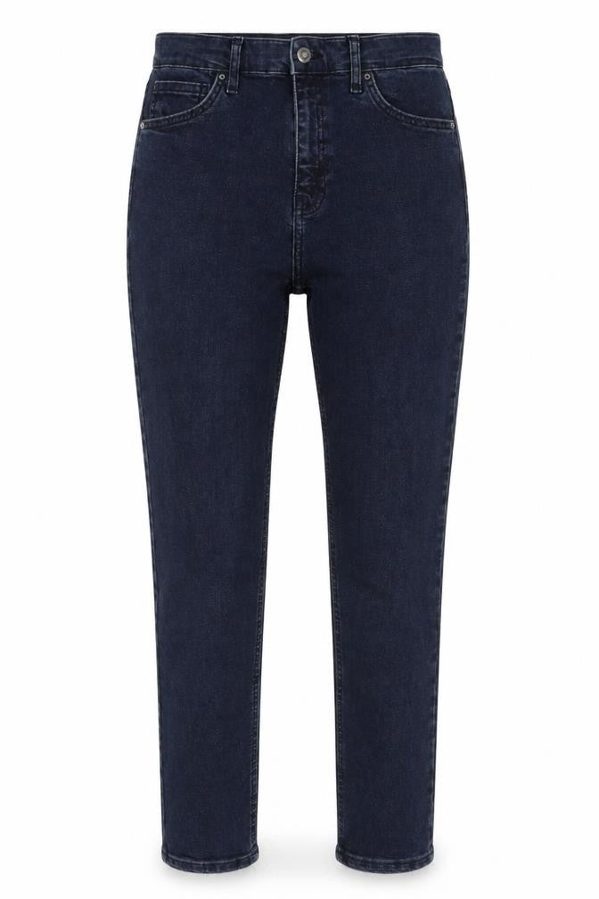 Front view of Topshop women’s blue polyester straight jeans, size UK 30, in, 32-inch leg regular zip