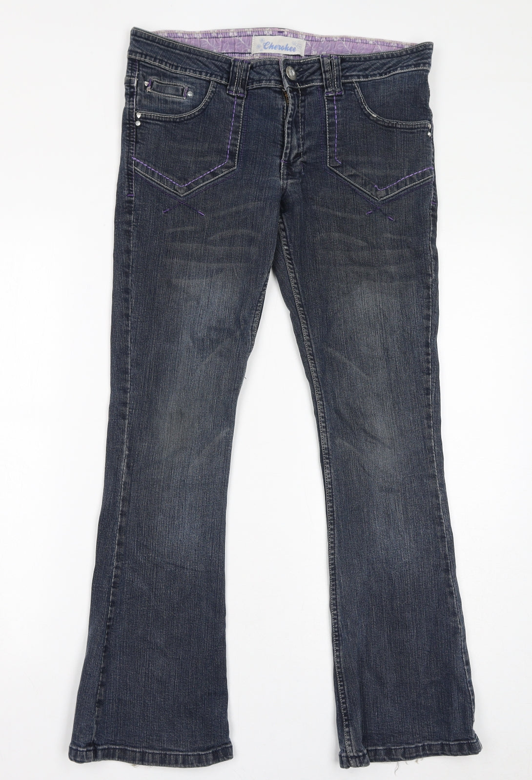 Cherokee Girls Blue Cotton Bootcut Jeans Size 13-14 Years L30 in Regular Zip - Embroidery, Waist-32in