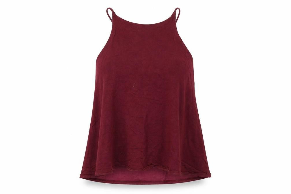 Front view of River Island women’s red viscose basic tank, size UK 8, halter
