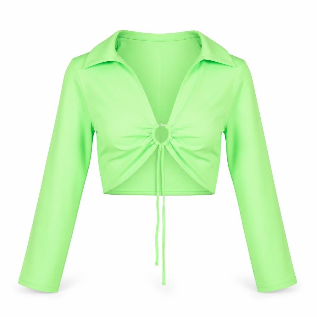 Front view of Divided by H&M women’s green polyester cropped blouse, size UK 10, collared - ring detail