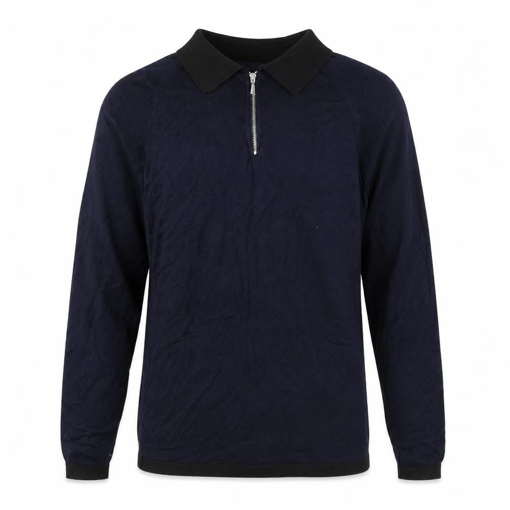 Front view of River Island men’s blue collared viscose jumper, size M, long sleeve