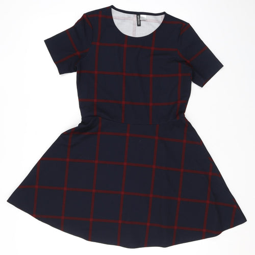Divided by H&M Womens Blue Check Polyester Skater Dress Size 14 Round Neck Pullover