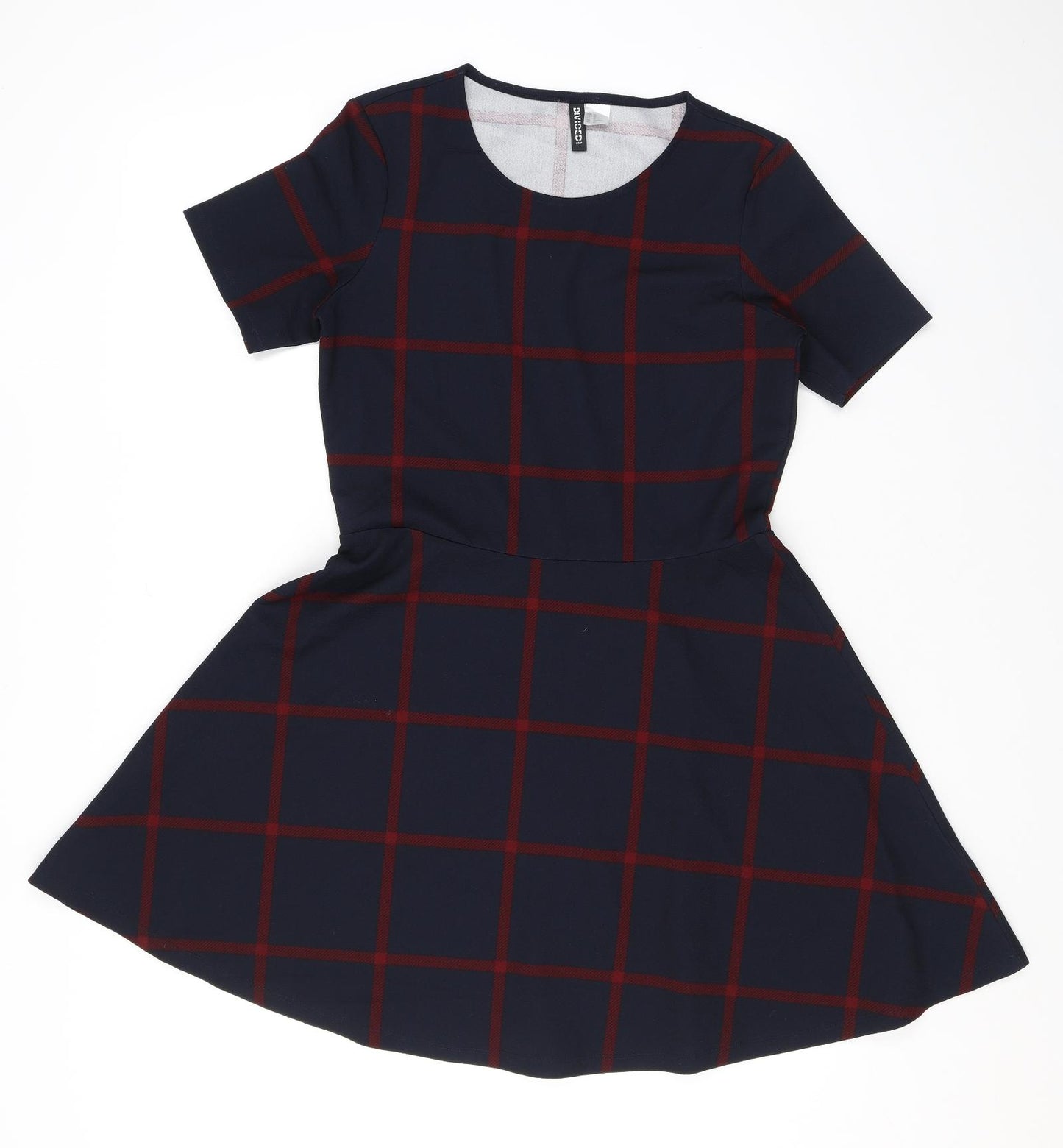 Divided by H&M Womens Blue Check Polyester Skater Dress Size 14 Round Neck Pullover