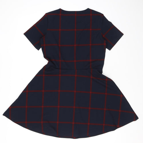 Divided by H&M Womens Blue Check Polyester Skater Dress Size 14 Round Neck Pullover