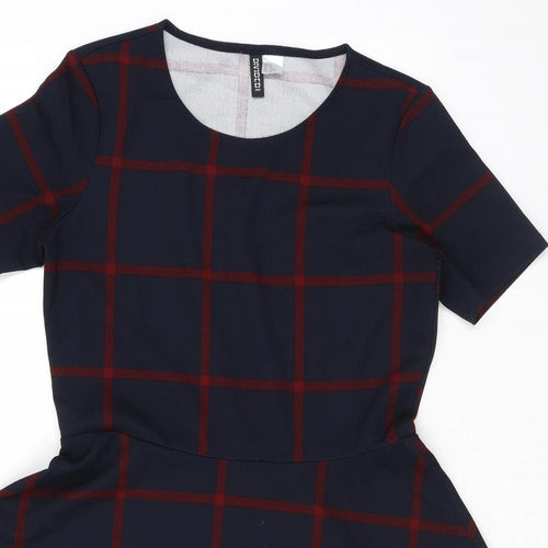 Divided by H&M Womens Blue Check Polyester Skater Dress Size 14 Round Neck Pullover