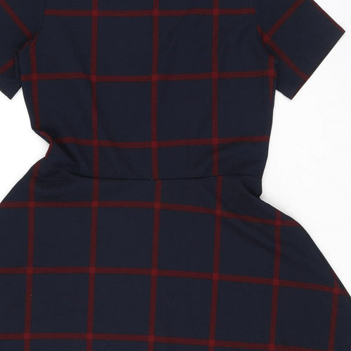 Divided by H&M Womens Blue Check Polyester Skater Dress Size 14 Round Neck Pullover