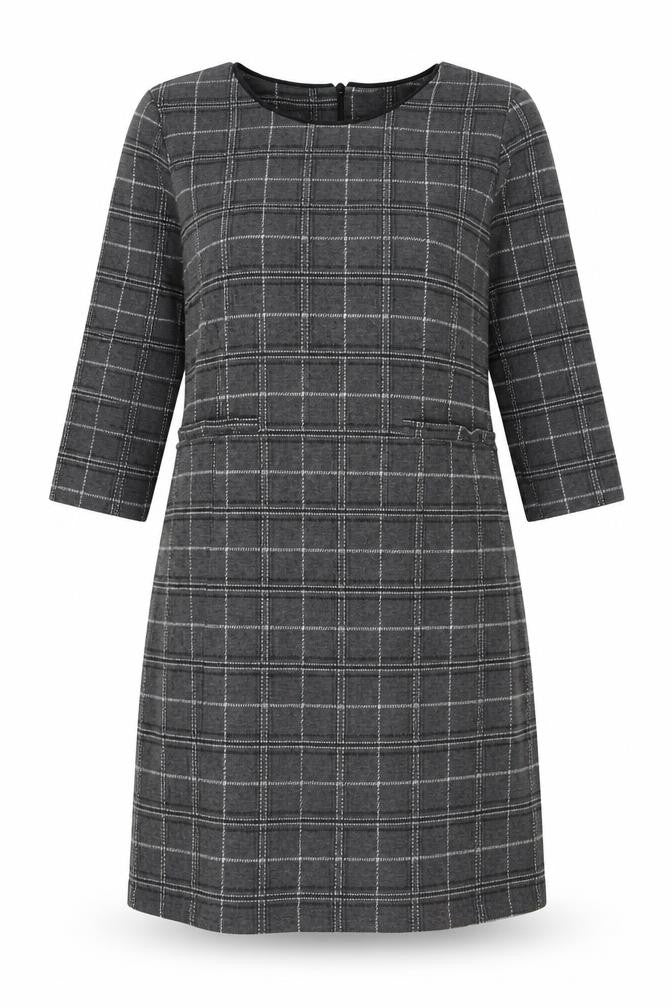 Front view of Part Two women’s grey check cotton a-line, size XL, round neck pullover