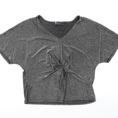 Marks and Spencer Womens Silver Polyamide Basic T-Shirt Size L V-Neck - Twist Detail