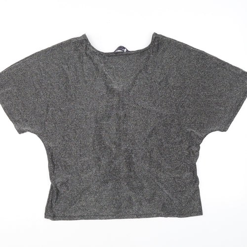 Marks and Spencer Womens Silver Polyamide Basic T-Shirt Size L V-Neck - Twist Detail